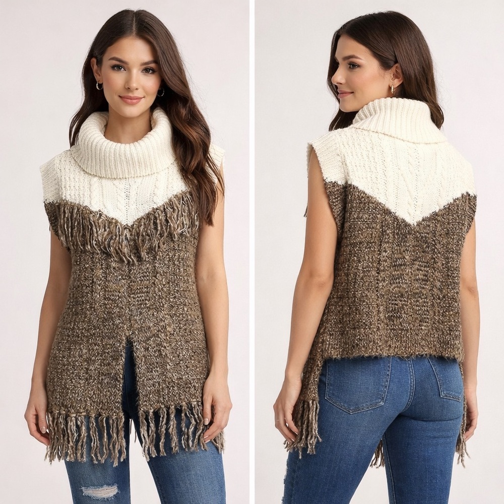 Thakoon + Addition Cream & Brown Fringe Mohair Turtleneck Sweater Vest Sz. L